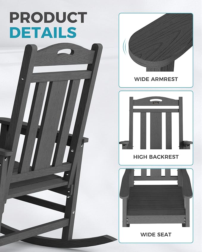 Ciokea Oversized Outdoor Rocking Chairs Set of 8, 380lbs Heavy-Duty Large Patio Rocker, High Back Cozy Porch Chairs, Weather Resistant Patio Rocking Chairs for Outside, Fire Pit, Deck, Dark Grey - Image 6