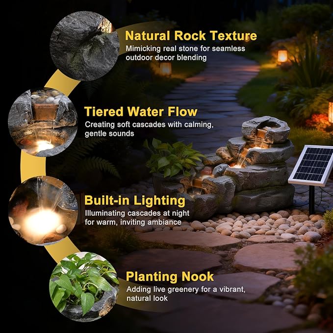 38.2" L Solar Water Fountain Outdoor Garden 5 Tiers Floor Standing Rock Natural Waterfall Outdoor Fountains with LED Lights and Planting Pot for Patio, Porch,Backyard,Home Art Decor