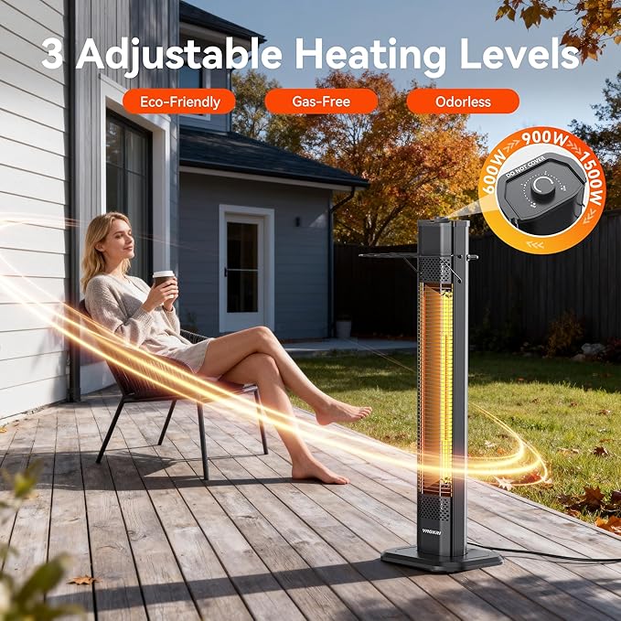 VAGKRI Outdoor Electric Patio Heater, 1500W 36" Infrared Heater with 2 Heat Tube, 3 Levels, Tip-Over&Overheat Protection, IPX5 Waterproof Tower Electric Patio Heater for Outdoor Indoor, Backyard, Room