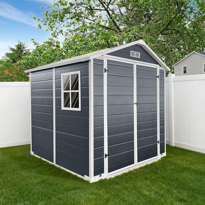 YOPTO 6x6 FT Storage Shed,Plastic Outdoor Storage Shed with Floor and Lockable Door,Waterproof Garden Shed W/Windows & Vents,Sloped Roof,Tool House for Storing Bicycles,Lawnmowers,Cold Grey - Image 2