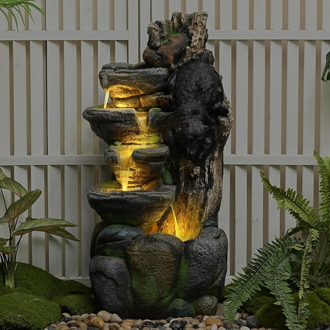 39" Outdoor Garden Water Fountain with Lights 5 Tiers Cascading Large Waterfall Floor Standing Fountain for Patio, Backyard, Deck, Porch and Home Art Decor