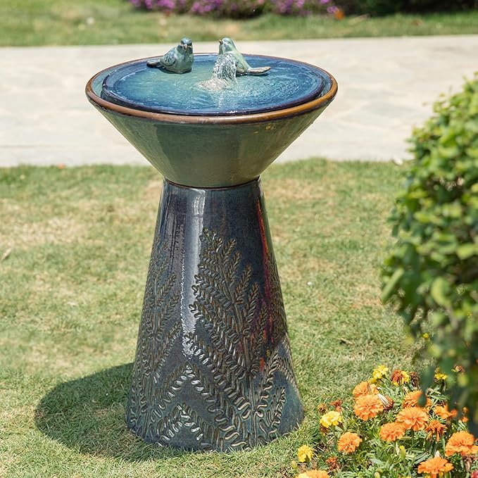 Glitzhome 27.5" H Ceramic Garden Water Fountain with LED Light and Pump Bird Bath Fountain Outdoor Turquoise Embossed Pattern Pedestal Freestanding Water Fountain for Yard Floor Patio Backyard