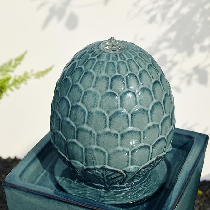 Glitzhome 35.75" H Tall Ceramic Outdoor Water Fountain with LED Light Oversized Artichoke Pedestal Fountains with Submersible Pump Patio Fountain Waterfall for Garden Patio Deck Porch, Turquoise