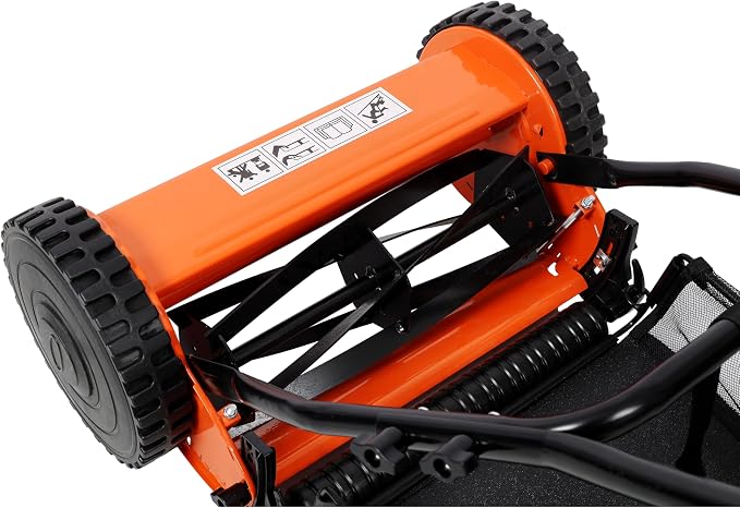 14'' 5-Blade Push Reel Lawn Mower with Grass Catcher, Manual Reel Mower with Adjustable Cutting Height 0.6-1.8'' Eco-Friendly Hand Push Cylinder Mower for Small Yards Orange - Image 3