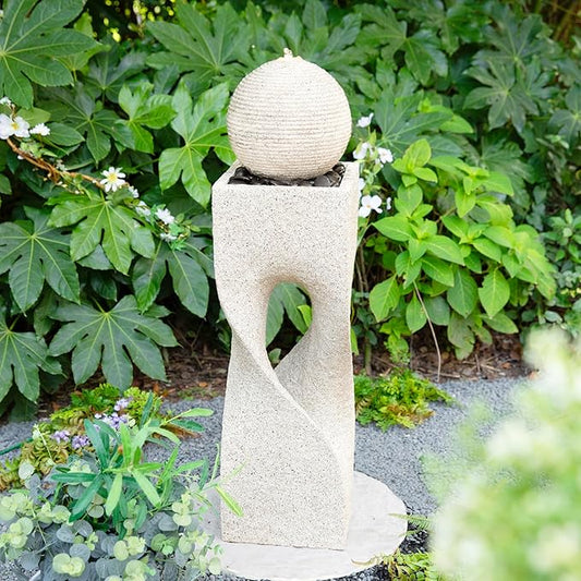 Glitzhome Outdoor Water Fountain with Lights, Outdoor Fountain with Pump, 36.5" H Modern Faux Terrazzo Geometric Pedestal and Sphere Polyresin Garden Fountains for Patio, Balcony, Yard Or Home Decor