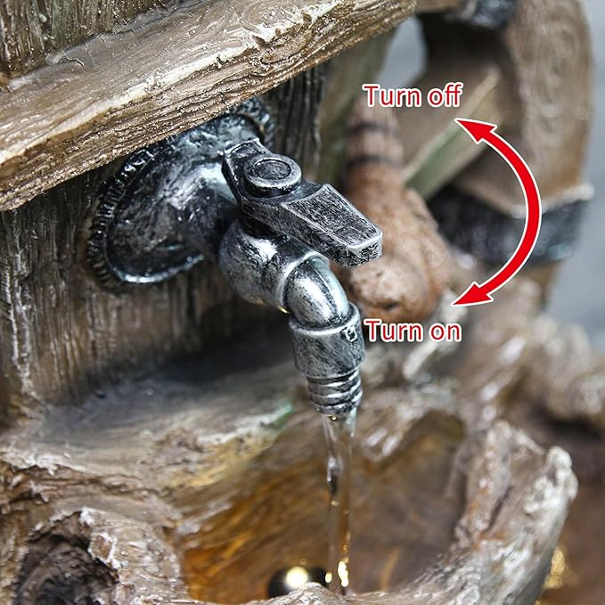 YZM 38.38" H Water Fountain Outdoor Garden 3-Tier Birdhouse Waterfall Fountain with Faucet Tree Trunk Indoor Floor Cascading Water Feature with LED Lights for Patio Yard Home Backyard Decor