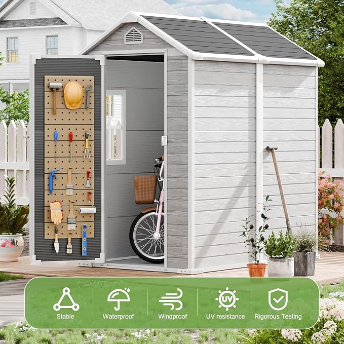 6x4 FT Outdoor Storage Shed, Waterproof Resin Shed with Floor & Lockable Door & Window & Vents, Plastic Tool Shed for Backyard, Patio, Poolside, All Weather Use,Dove Grey - Image 4