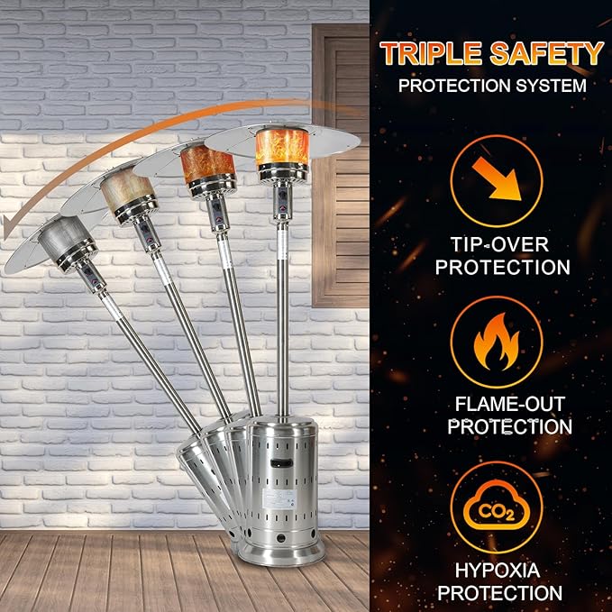 48,000 BTU Patio Heater for Outdoor Use with Wheels and Cover, Outdoor Stainless Steel Burner for Garden Commercial Residential, High Power Propane Heater, Triple Protection System