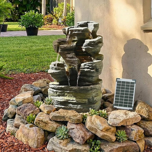 6 Tier Cascading Rock Solar Water Fountain Outdoor Garden Waterfall Decor for Garden, Patio, Backyard, Deck, Porch and Home Art Decor,24.4" H Outdoor Fountain with LED Lights