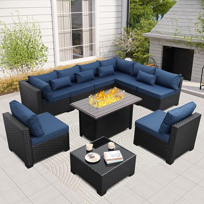10 Pieces Outdoor Sectional All-Weather Wicker Patio Furniture Set Patio Sectional and Steel Fire Table and Glass Patio Table Non-Slip Cushions and Waterproof Covers, Navy Blue