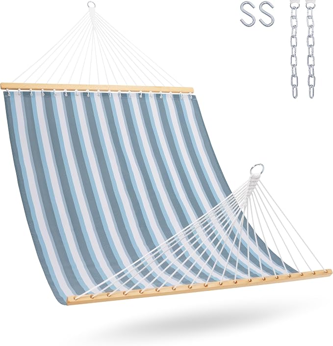 Lazy Daze Hammocks Quick Dry Hammock with Spreader Bar Textliene Fabric Double 2 Person Hammock with Chains Outdoor Patio Poolside Backyard Beach 450 lbs Capacity, Blue White Stripes by LazyDazeHammocks