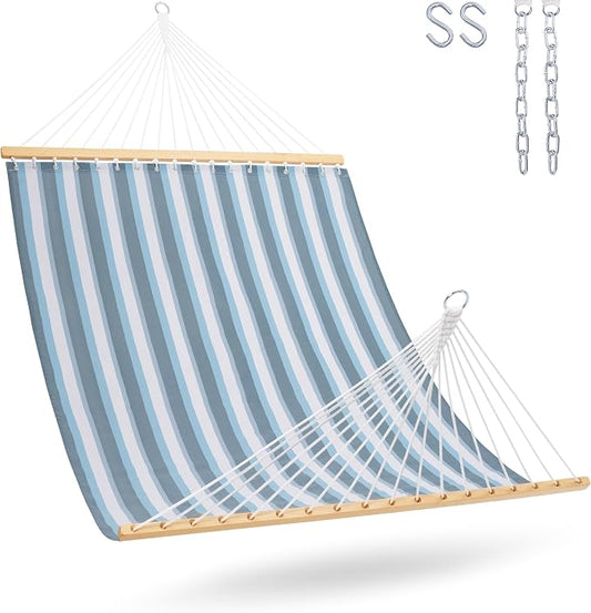 Lazy Daze Hammocks Quick Dry Hammock with Spreader Bar Textliene Fabric Double 2 Person Hammock with Chains Outdoor Patio Poolside Backyard Beach 450 lbs Capacity, Blue White Stripes by LazyDazeHammocks