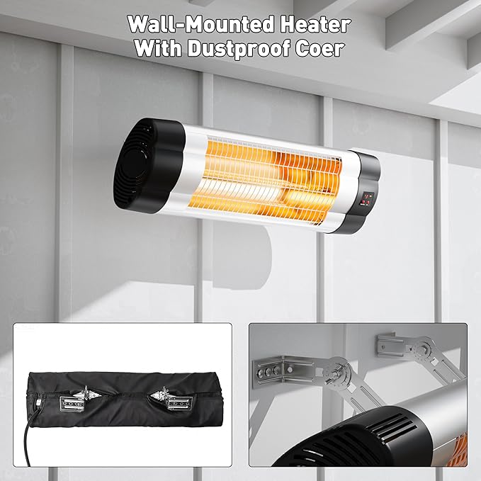 Wall Mounted Infrared Heater with 1 Seconds Instant Warmth, Quiet Electric Radiant Heating for Garage Greenhouse Porch, 1500W Adjustable Temperature Patio Heater