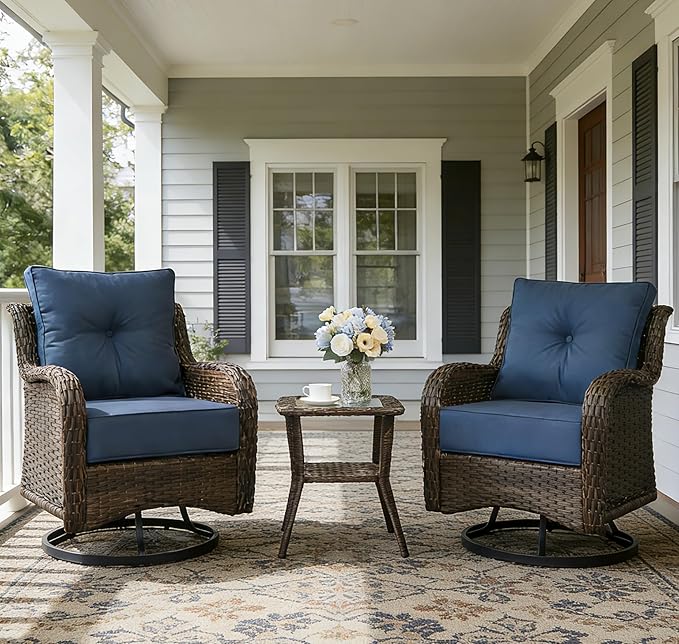 Patio Furniture Set, 3PCS Outdoor Wicker Conversation Set with 6" Thick Cushions, High Back Swivel Rocker Chairs, Weather Resistant Olefin Fabric for Garden, Poolside, Navy Blue