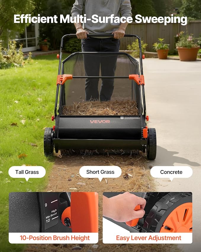 VEVOR Push Lawn Sweeper, 30 in Leaf & Grass Collector with 12 cu. ft. Hopper Bag, Adjustable Brush Height & Spinning Brushes, Heavy Duty Yard Sweeper with Rubber Wheels for Leaves Grass Cleanup - Image 4