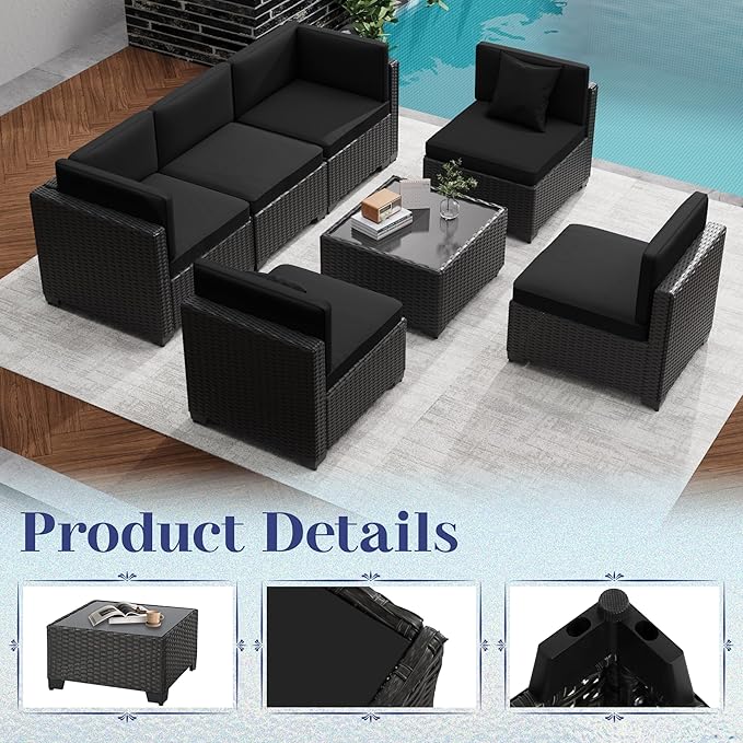 KIGOTY Patio Furniture Set,14 Pieces Modular Outdoor Sectional Sofa, PE Rattan Patio Conversation Set, All Weather Wicker Patio Furniture with Cushions and Coffee Table (Black/Black)