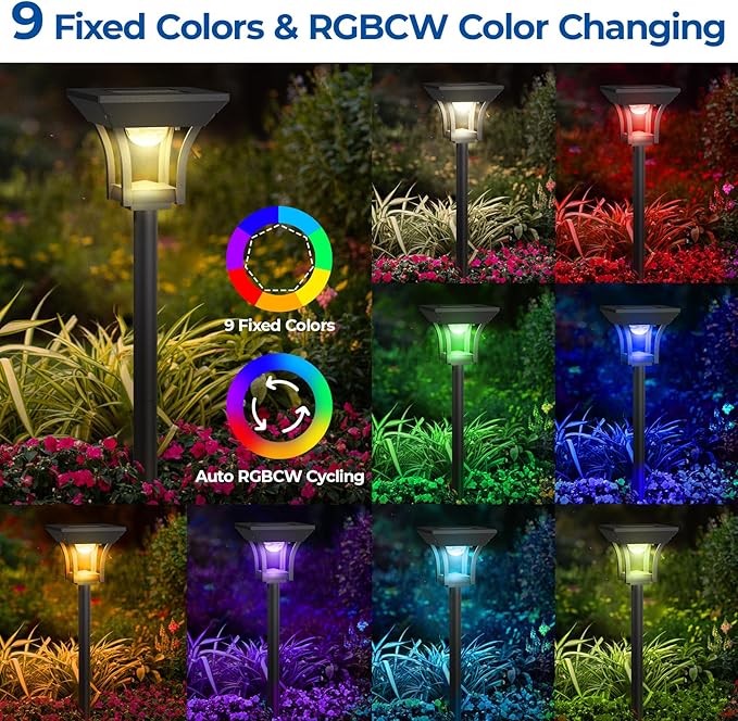 CINOTON 8 Pack RGBCW Solar Pathway Outdoor Lights, 3 Lighting Modes Solar LED Garden Lights, IP65 Waterproof Outside Solar Powered Landscape Lighting for Sidewalk Driveway Backyard RGB/Warm/Cold White