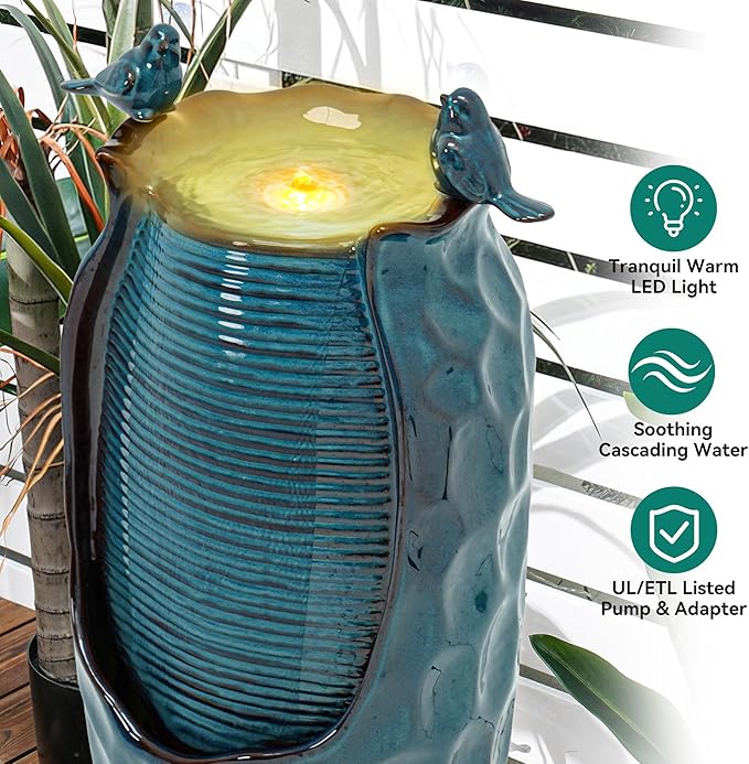 32.5" H Ceramic Jar Outdoor Fountain, Honeycomb Pot Water Feature with LED Lights, Soothing Trickling Waterfall for Garden, Patio, Yard, Balcony Oasis, KD Vivid Birds, Turquoise Glaze