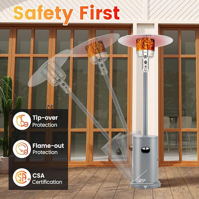 Happygrill 50,000 BTU Outdoor Heater, Round Propane Patio Heater with Stainless Steel Burner, Tip-Over & Flame-Out Protection & Wheels, Outdoor Heaters for Patio (Grey)