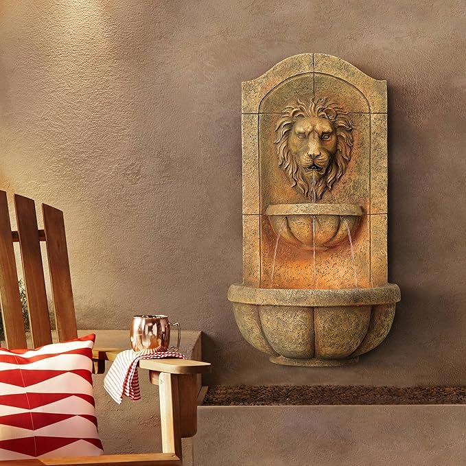 Royal Lion Head 29 1/2" High Large Italian Indoor Outdoor Decor Faux Stone Wall Fountain with Light LED Statue Waterfall Tiered Water Feature for Outside Garden Patio Yard Backyard - John Timberland