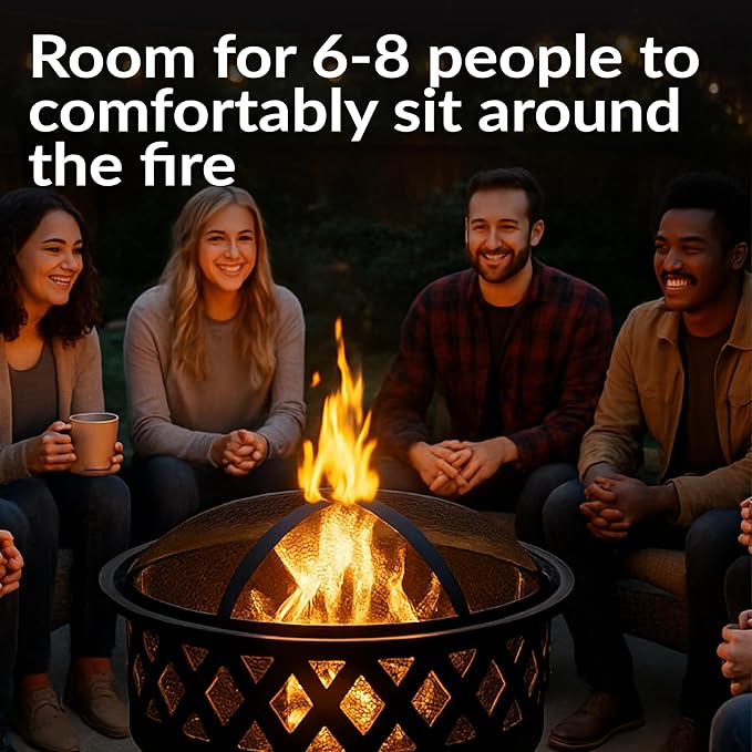 Sunnydaze Crossweave Outdoor Fire Pit - Wood-Burning Fire Pit for Outside with Spark Screen, Poker and Round Cover - 30-Inch - Black - Image 2