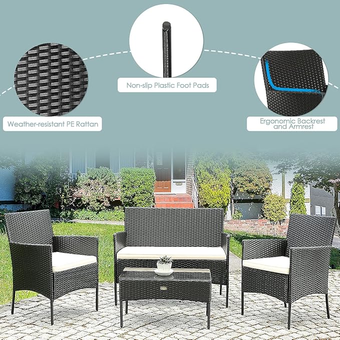 8 Pieces Patio Furniture Set, Outdoor Conversation Set with Ergonomic Curved Backrest, Patio Chair Set with Water-Resistant Cushion & Tempered Glass Table for Balcony,Porch,Poolside(Beige)