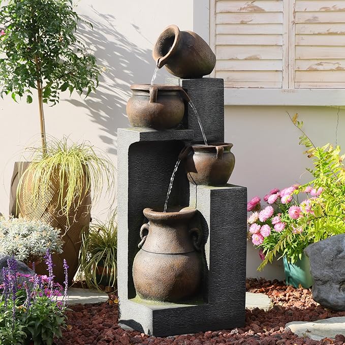 53" H Large Outdoor Water Fountain with Lights - 4 Tiered Cascading Bowls Waterfall Fountain for Garden, Patio, Backyard, Porch Inside - Freestanding Outdoor Water Feature Gold