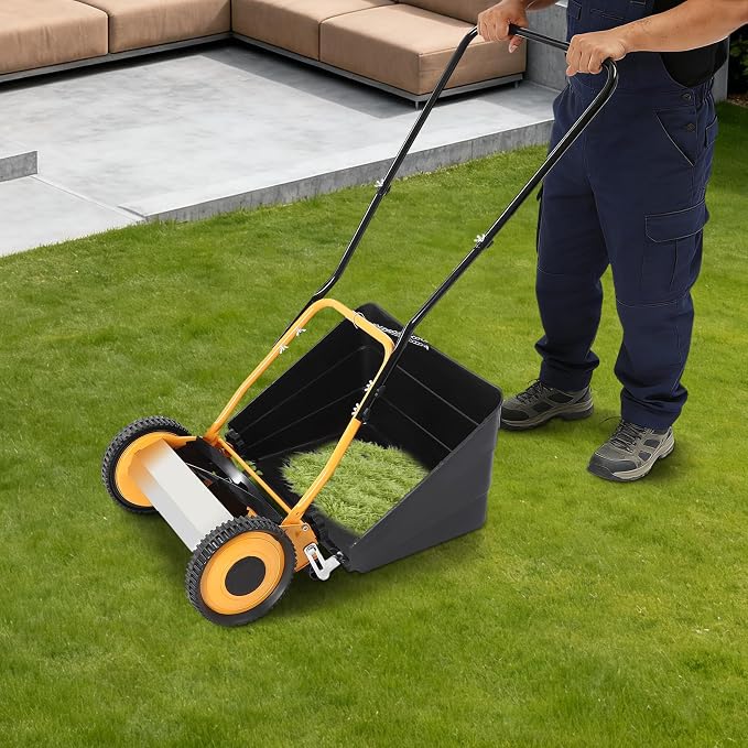 14 Inch Push Reel Lawn Mower Manual, 4-Blade Hand Push Cylinder Mower with Grass Catcher, 0.47-1.65 Inch 5-Height Adjustable, Eco-Friendly Push Mower for Small Yard Garden Villa, Orange - Image 8