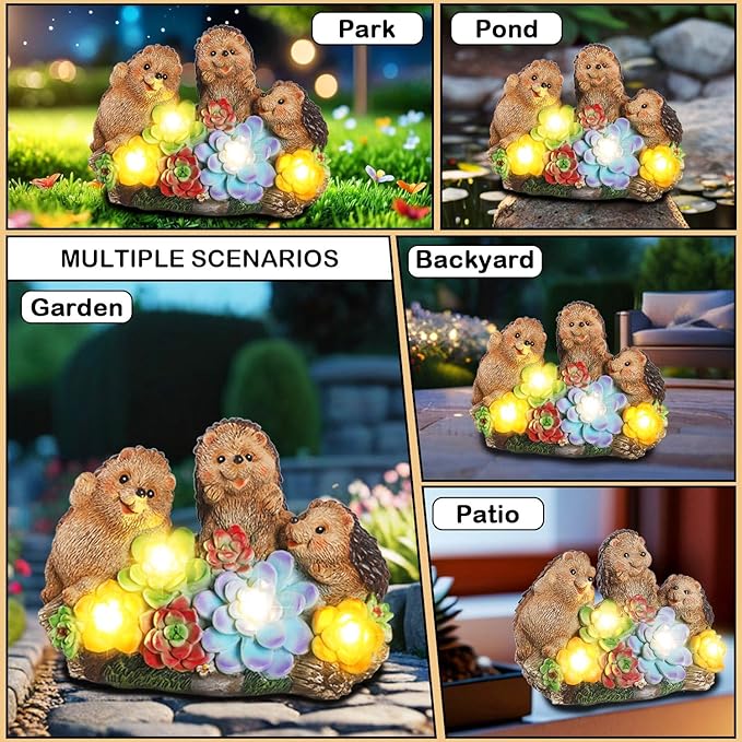 3 Hedgehog Solar Garden Statues with Succulent Animal Figurines Resin Hedgehog Decor Outdoor Statues, Ideal Decoration for Lawn Patio Yard, Gifts for Men Women