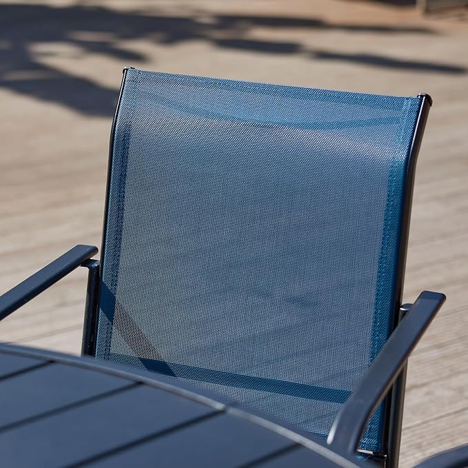 VICLLAX Outdoor Dining Set for 2, Small Patio Table and Chairs Set of Stackable Patio Sling Chairs and Square Dining Table for Front Porch, Blue Fabric and Black Table - Image 3