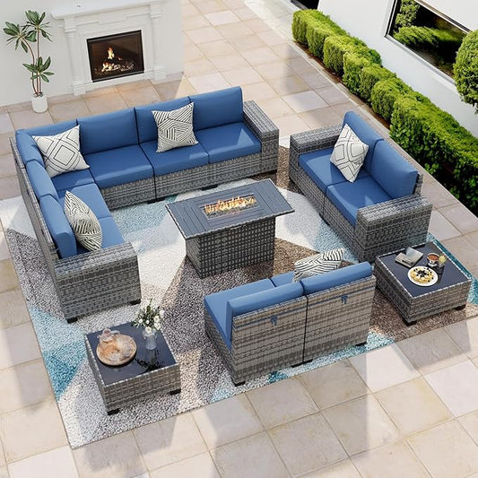 13 Piece Patio Furniture Set with Fire Pit Table, Outdoor Conversation Sets Grey Wicker Rattan Sectional Sofa, 4'' Thickened Cushion Navy Blue