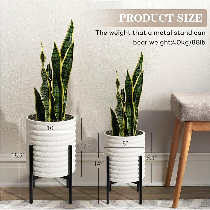 Oakrain Plants Pots with Stand, Set of 2 Indoor Planter Pots, Mid-Century Decorative Metal Flower Pots with Drainage for Living Room, Office, Garden, Balcony, 8"&10", White
