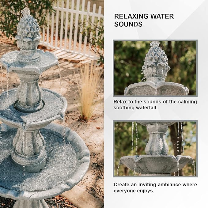 XBrand 51" 3-Tier Outdoor Freestanding Waterfall Fountain with Pump and Pineapple Finial, Gray