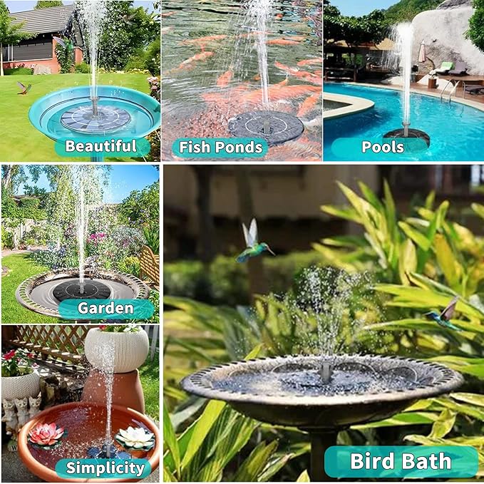 Solar Powered Fountain Pump for Bird Bath, Garden, Pond & Outdoor Decor - 7 Nozzles, 4 Fixers, Colorful LED Lights, Upgraded Glass Panel, Small Water Fountain for Fish Tank & Swimming Pool