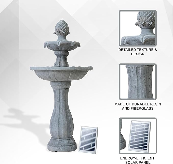 XBrand 44" H White Fiberglass/Resin 2-Tier Solar Water Feature w/Auto-Off Pump - Tall Outdoor Birdbath Fountain