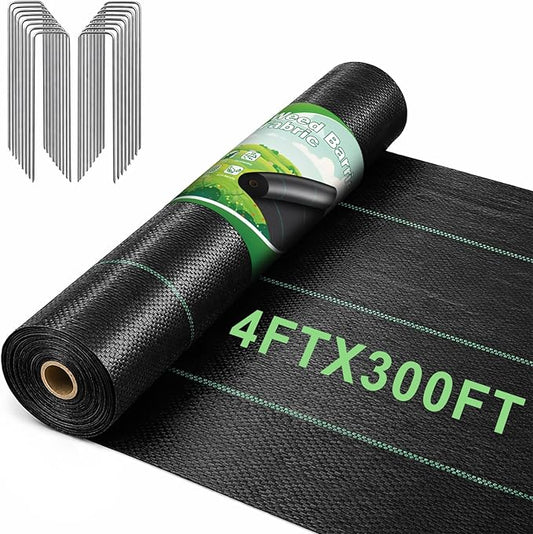 FEED GARDEN 4FT x 300FT Landscape Fabric Weed Barrier Fabric, Heavy Duty 3.2oz Weed Control Mat, Weed Blocker Ground Cover Geotextile Fabric for Gardening, with 20 U-Shaped Stakes by FEEDGARDEN
