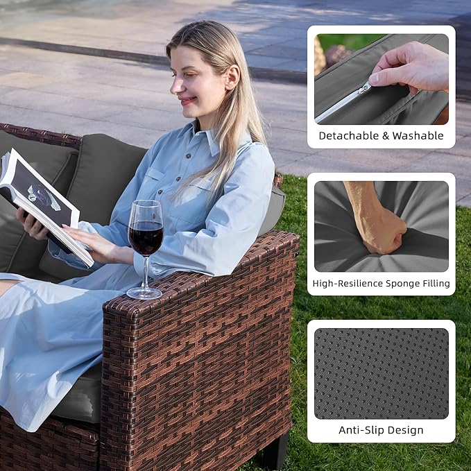 UDPATIO Patio Furniture Set with Fire Pit Table, Rocking Swivel Chairs, 6 Pieces Outdoor Conversation Sets, All-Weather Wicker Outdoor Sectional Sofa with Waterproof Cover, 4'' Thickened Cushion, Grey