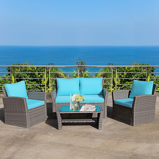COSTWAY 4 Pieces Patio Rattan Furniture Set, Outdoor Wicker Sofa Set with Tempered Glass Coffee Table, Cushions, All Weather Rattan Conversation Set for Yard Balcony Backyard Pool (Turquoise)