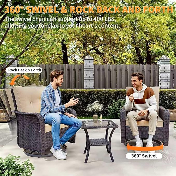 Gotland 13 Pieces Patio Furniture Set with Fire Pit Table Swivel Chairs, PE Rattan Outdoor Furniture Set with 29.5'' High Backrest 4’’ Thick Cushions Coffee Table, Patio Set for Porch, Deck, Khaki