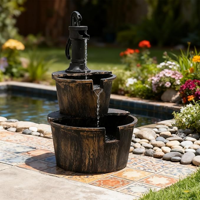 Athena Collection 27'' Height Electric Waterfall Fountain 2 Tier Stepped Barrel Vintage Fountain Polypropylene with Pump Freestanding Floor Tabletop Fountain for Outside, Patio, Garden, Bronze