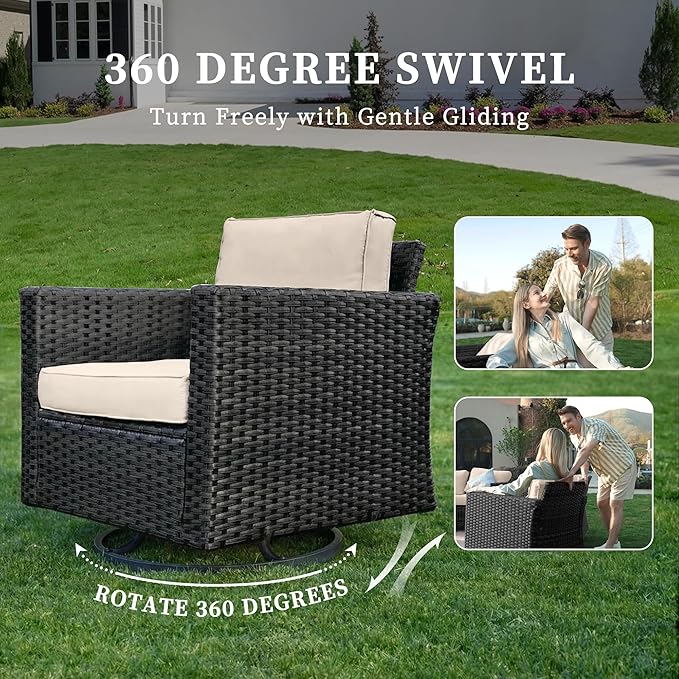 UDPATIO Patio Furniture Set with Fire Pit Table and Swivel Rocking Chairs, 6 Pieces Outdoor Wicker Furniture Set with Waterproof Cover, 4'' Thickened Cushion, Khak