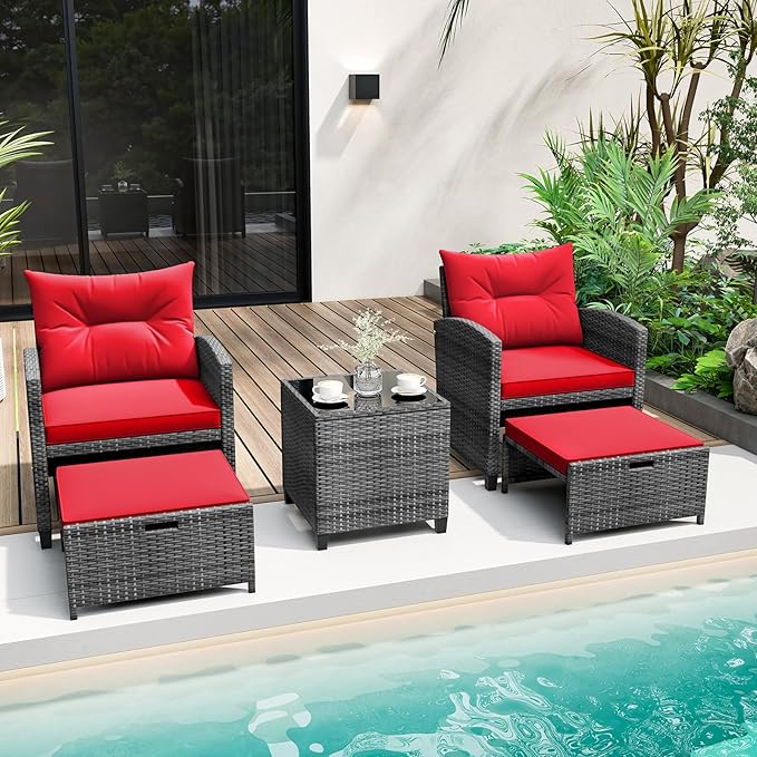 KOTEK 5 Pieces Patio Furniture Set with Ottomans, Wicker Patio Conversation Set with Coffee Table & Cushions, PE Rattan Outdoor Lounge Chairs for Backyard, Porch, Poolside (Mix Grey- Red)