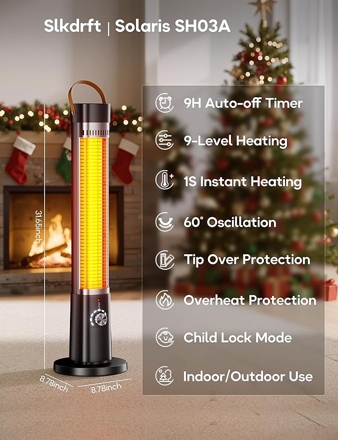 Outdoor Heater for Patio w/Remote, 1500W, 60° Oscillation, 9H Timer, 9 Heat Level, Tip-Over/Overheating Protection, Safety Lock, for Garage Porch Office Black