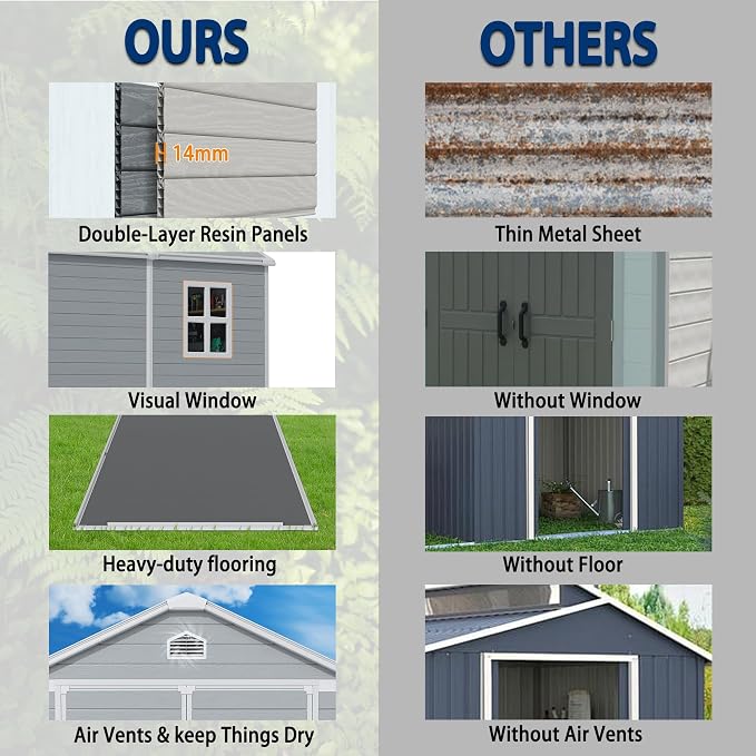 8x6 FT Outdoor Resin Storage Shed with Floor, All-Weather Plastic Garden Shed with Lockable Door & Windows, Waterproof Outside Tool Sheds for Backyard, Patio, Lawn, Tools Storage - Gray - Image 4