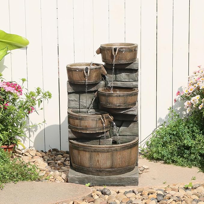 25.59" H Outdoor Water Fountain with LED Lights, 4-Tier Cascading Waterfall Fountain, Rustic Wood Barrel Resin Outdoor Water Fountain for Garden Patio Backyard Porch Indoor Decor