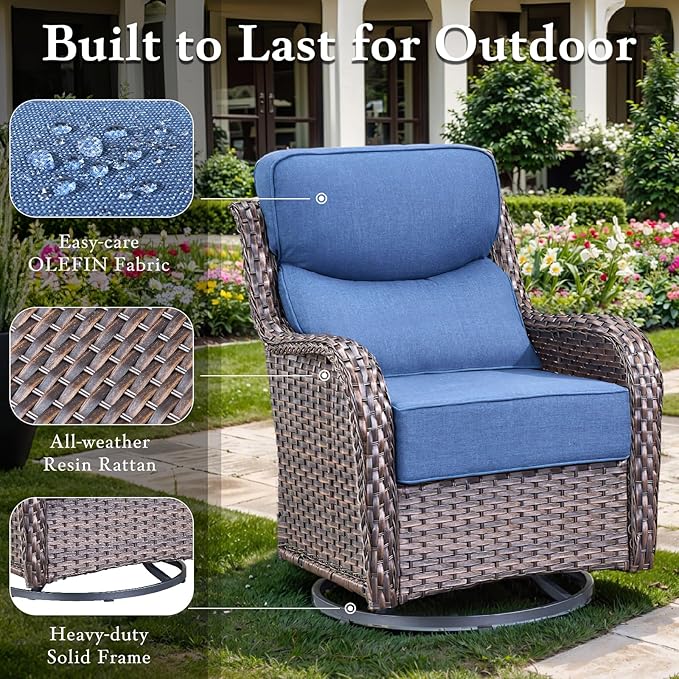 Luxury High Back Outdoor Furniture with 6-inch Extra Thick Cushions, Patio Furniture Set with Fire Pit Table & Swivel Chairs, 7 PCS Wicker Conversation Set for Yard, Deck, Poolside, Brown/Blue
