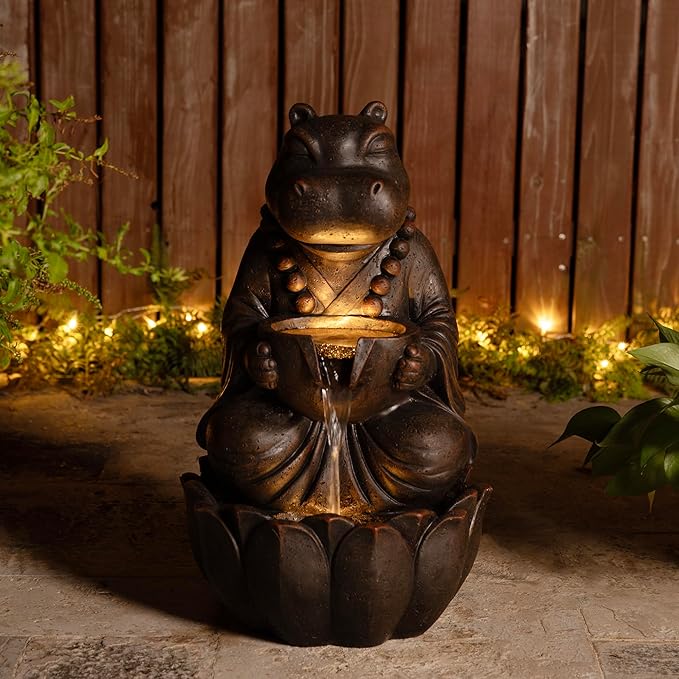Glitzhome Water Fountain Outdoor, Outdoor Fountain with Lights, Zen-Style Water Fountain with Pump, 22" H 2-Tiered Bronze Hippo Polyresin Water Feature for Home Patio Garden Backyard Decor