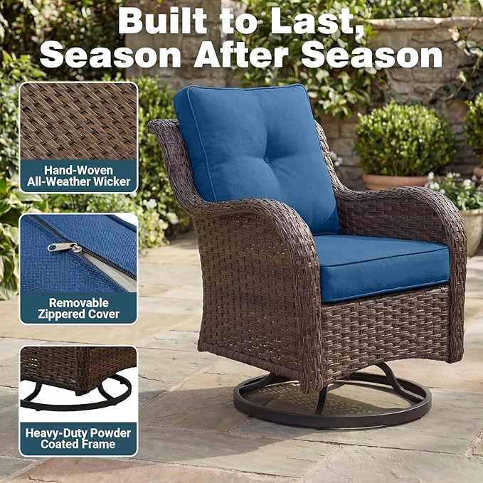 Patio Furniture Set, 3PCS Outdoor Wicker Conversation Set with 6" Thick Cushions, High Back Swivel Rocker Chairs, Weather Resistant Olefin Fabric for Garden, Poolside, Navy Blue