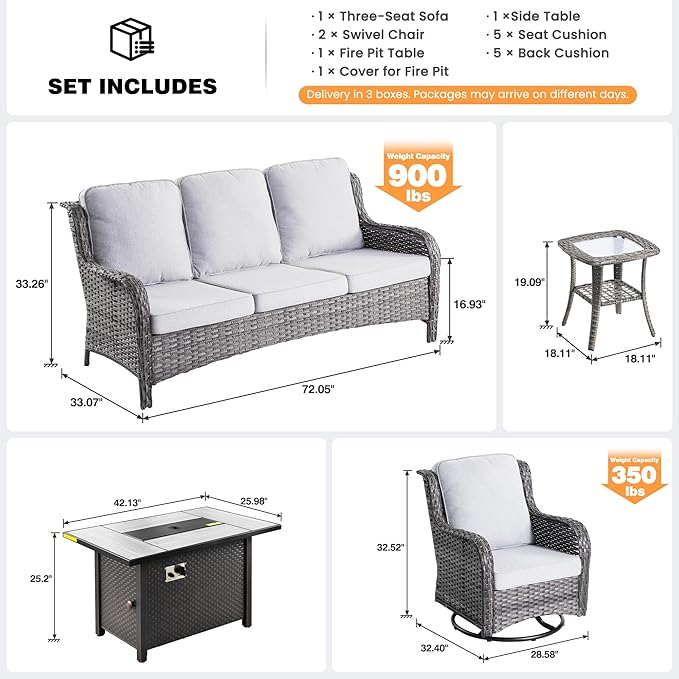 ovios 5-Piece Patio Furniture Set with Swivel Chairs Coffee Table, Outdoor Wicker Sofa with 42" Fire Pit Table, High Back Couch Modern Conversation Sets, Grey/Grey