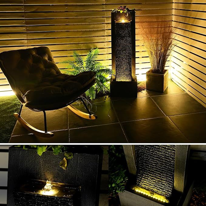 Water Fountain Outdoor Curved Faux Slate Waterfall Feature Freestanding Fountains Indoor Floor Standing Water Fountainswith LED Lights, Pump, Natural Stones for Garden, Patio